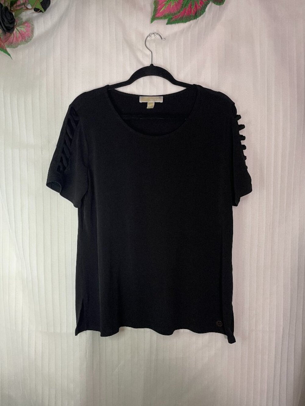 Michael Kors Women's Black Lattice Sleeve Stretch Top Size Large L Short Sleeve